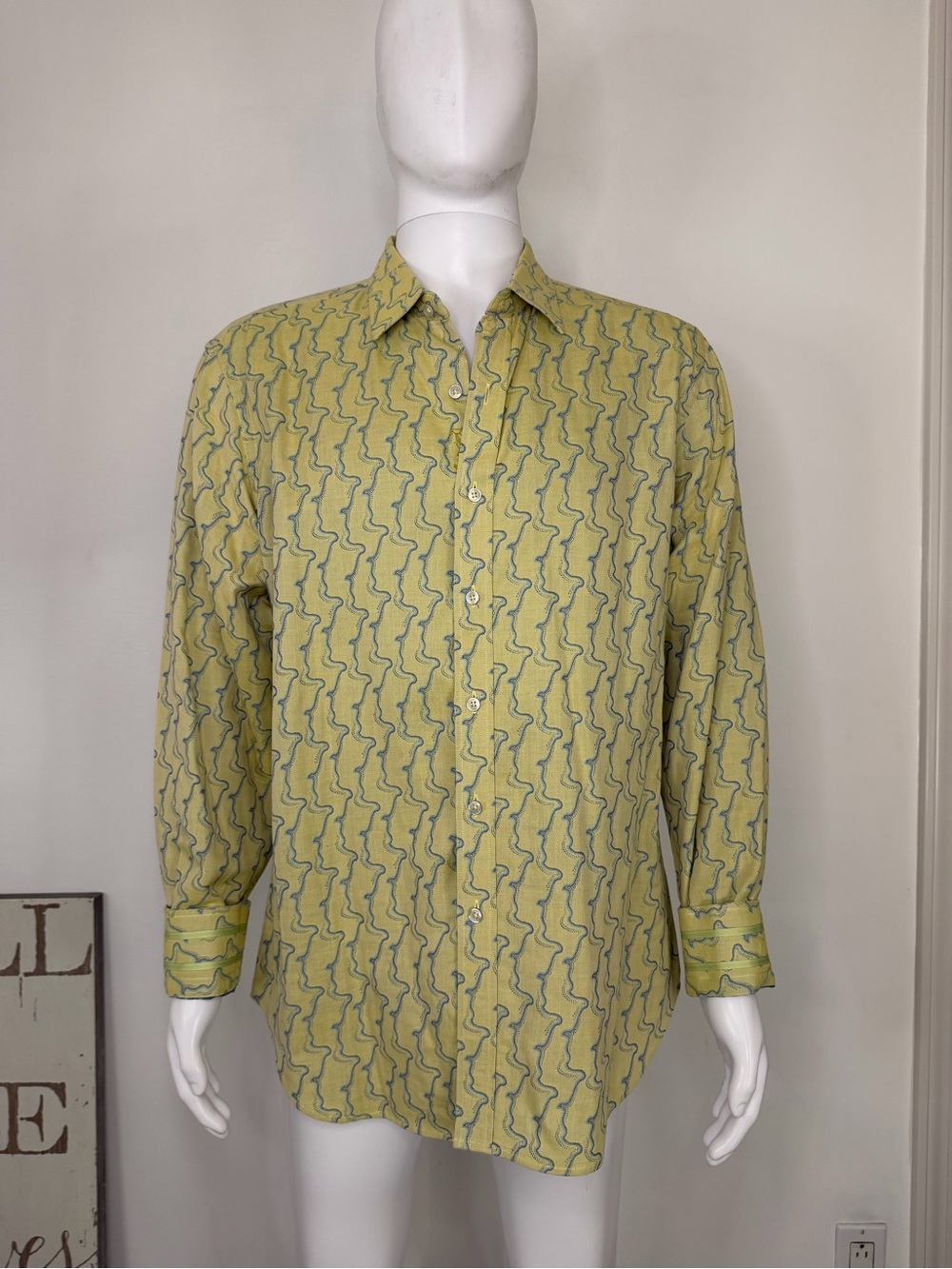 Robert Graham Yellow Button-Down Shirt with Blue Wave Pattern